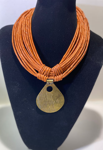 Orange African Necklace with Gold Pendant